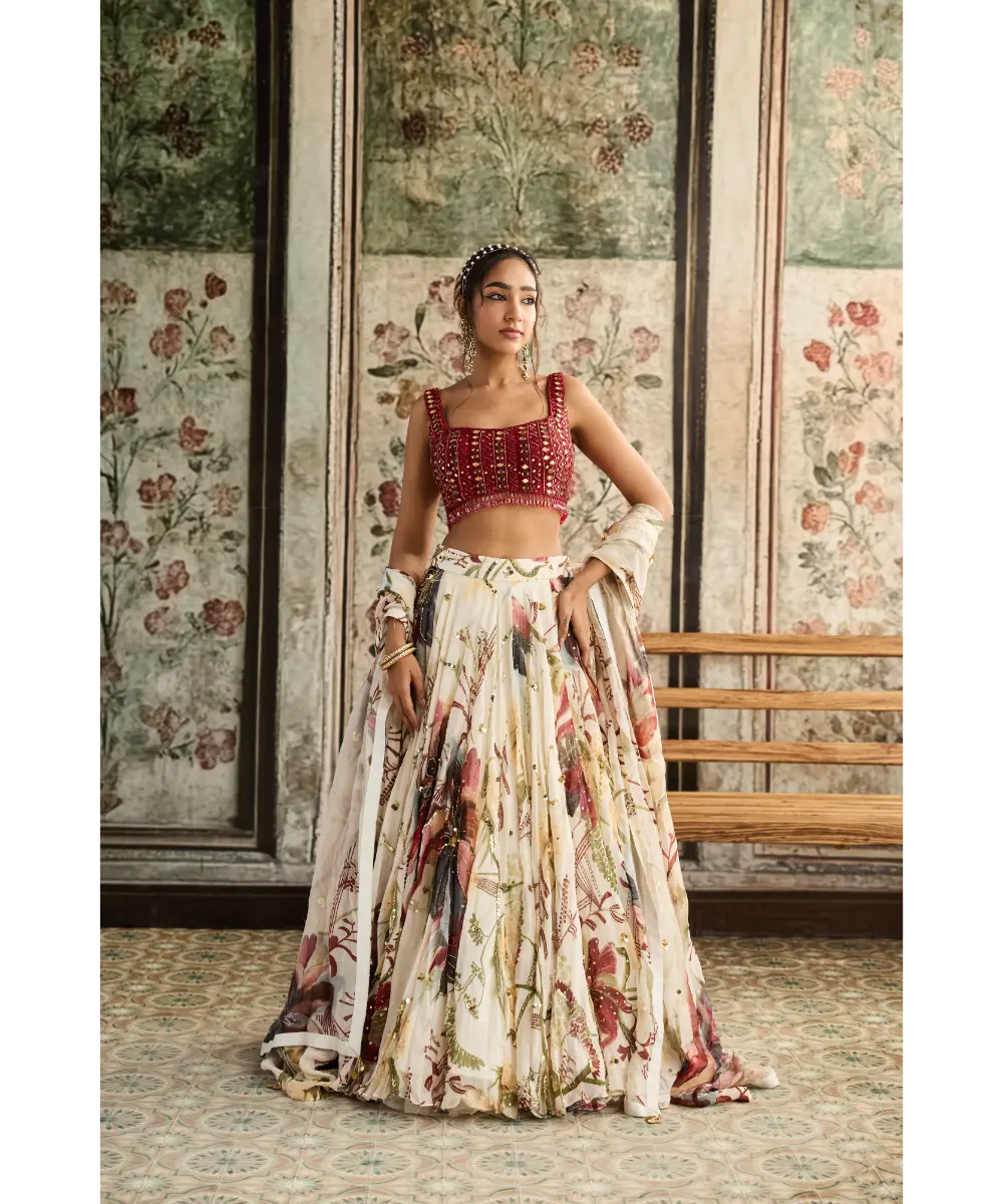 DIYARAJVVIR - IVORY FLORAL PRINT AND HIGHLIGHTED LEHENGA SET